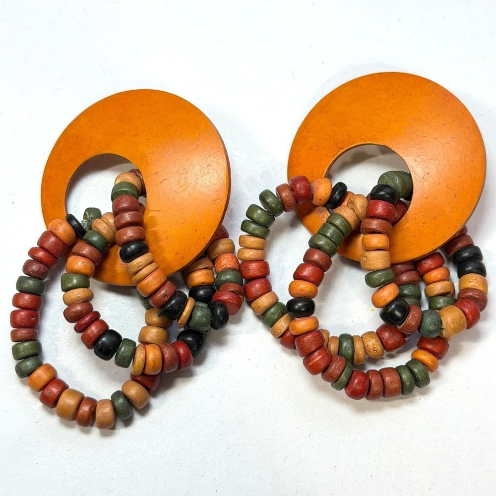 Wood Beaded Earrings Orange Disc Loop Pierced Philippines Boho Statement Vintage